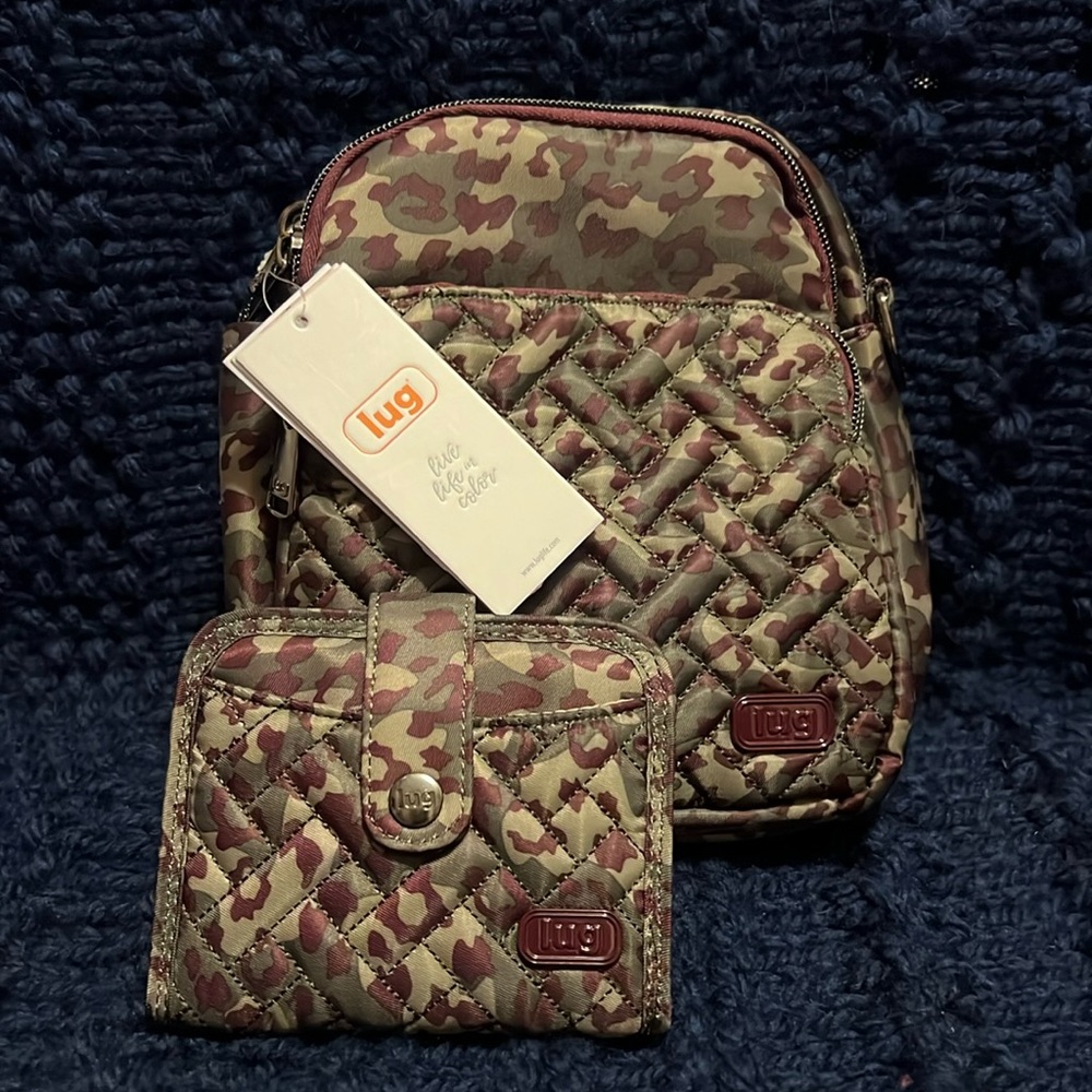 LUG Can Can Crossbody Bag in Leopard Berry with matching Minuet wallet NWT